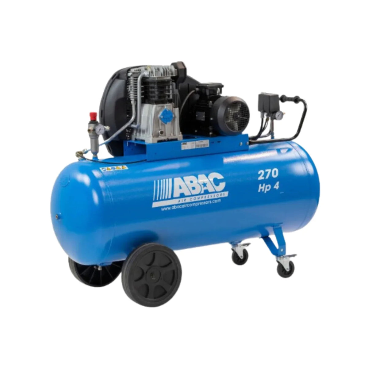 ABAC 270L air compressor with a 4HP motor, 553 L/min air displacement and 11 bar max pressure. Featuring a 2-stage pump and 3-phase 400V power for industrial use in the UAE.