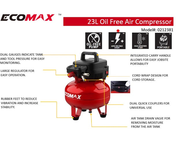 Ecomax ALT-0212381 Air Compressor 23L Oil Free 1400W 8-10 Bar 70.8 L/Min @ 6.2 Bar Pancake Tank