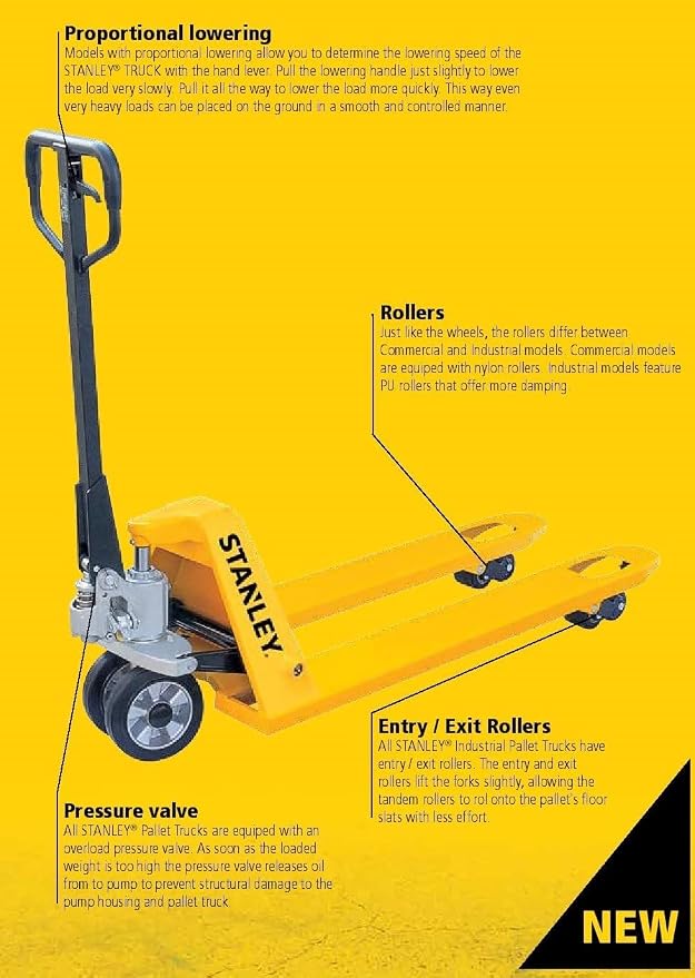 Dimensions and specifications diagram for STANLEY Pallet Trolley 2.5 Ton