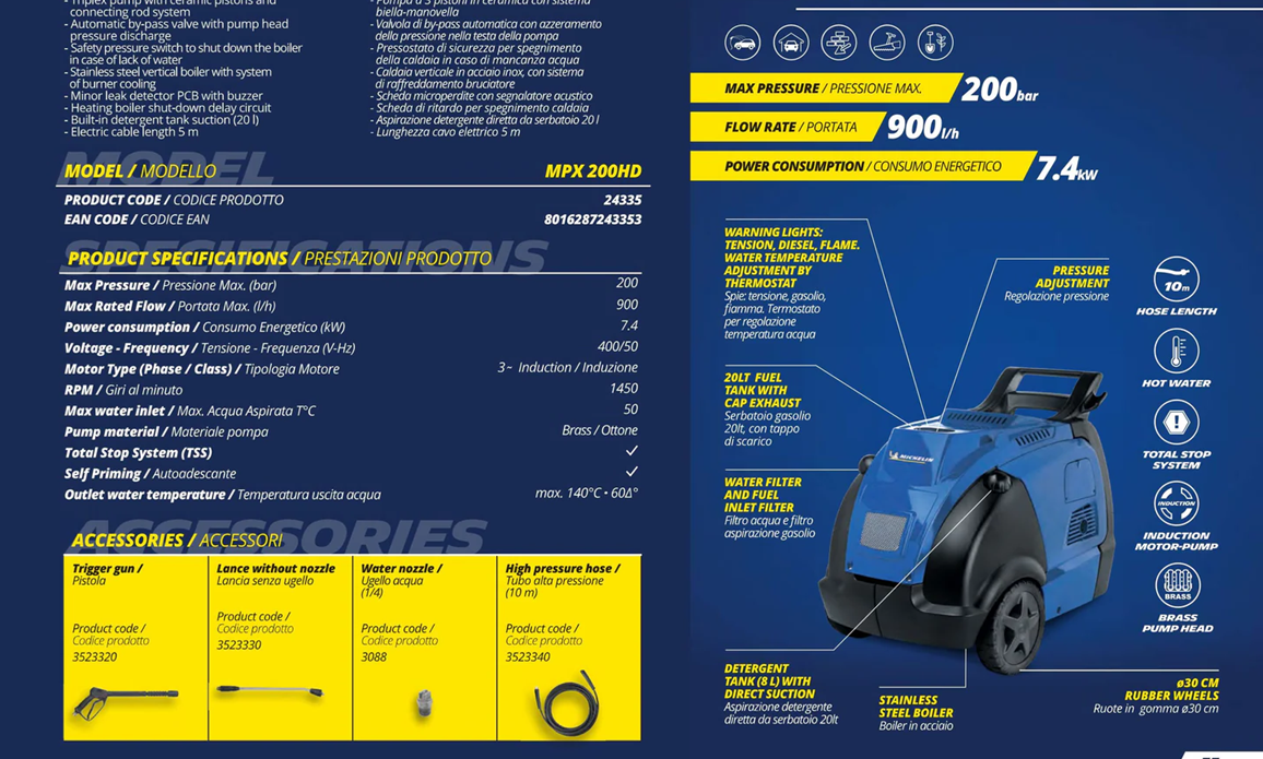 MICHELIN MPX200HD/H Hot Water Cleaner 10HP 3Ph 200Bar 900L/H