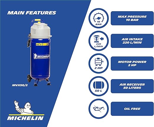 MICHELIN MVX50 Air Compressor Vertical Oil Free 50L 2HP 1Ph 10 Bar 220 L/M
