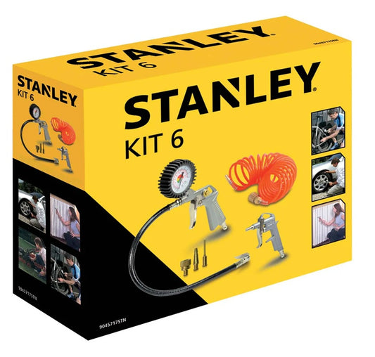 STANLEY 9045717STN 6-piece air tools kit including air dusting gun, inflating gun, inflating kit and 5m spiral hose for workshop, garage, and compressor use.