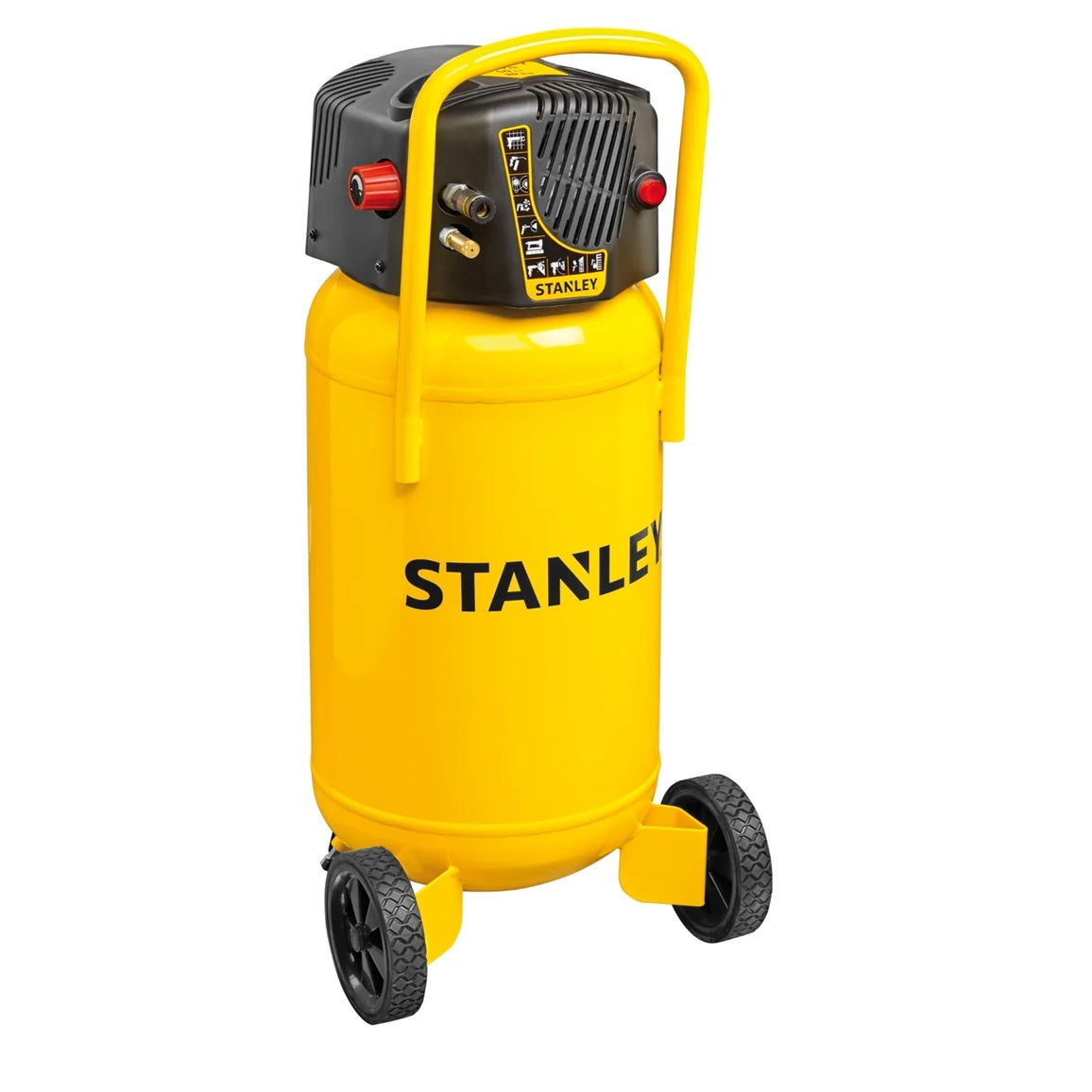 STANLEY oilless air compressor with 50L vertical tank, 2.0HP motor, 10 Bar pressure and 222 L/min airflow for DIY, home, and workshop pneumatic tools.